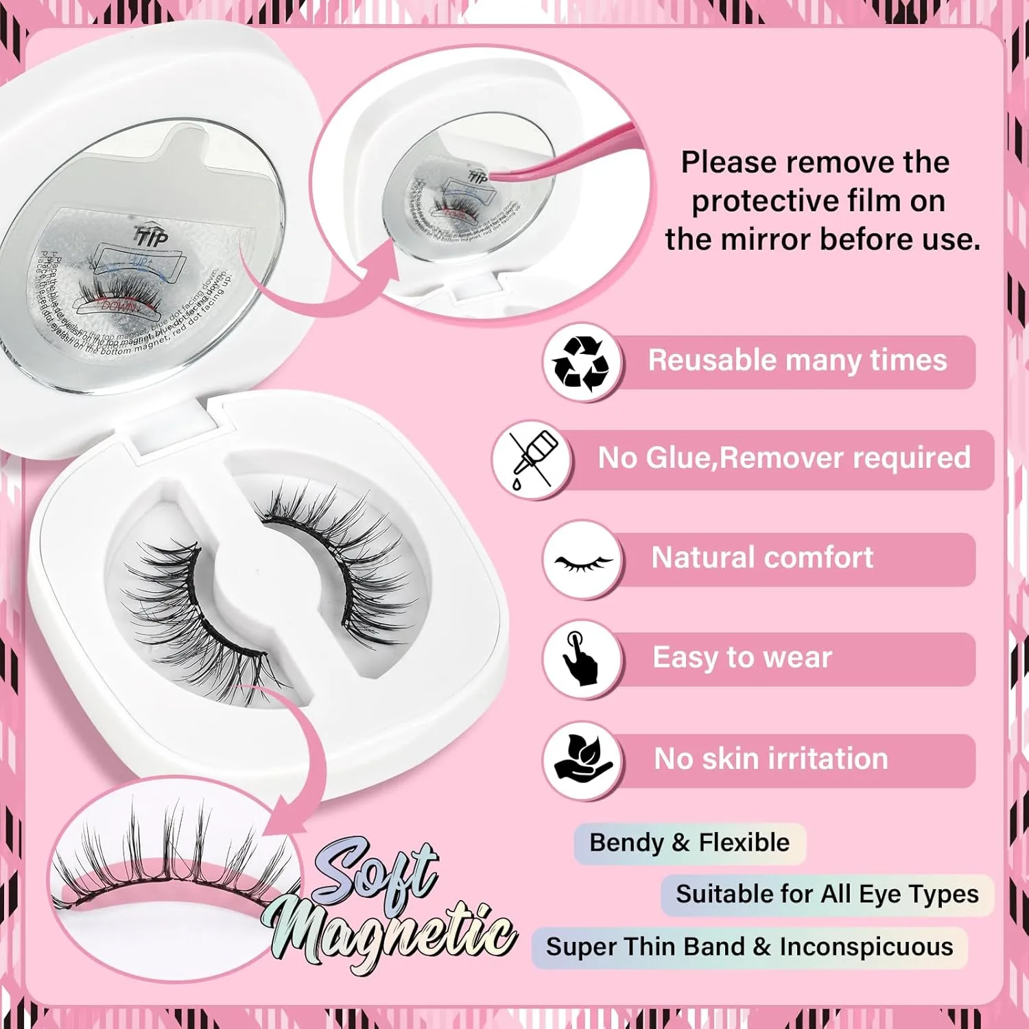 Magnetic Eyelashes Soft Magnetic Lashes With Applicator, lash Fixer, 5Pcs Cleaning pads 3s Application 1s Removal No Glue Needed Soft Magnets False Eyelashes Waterproof (1Pair,Frisky)