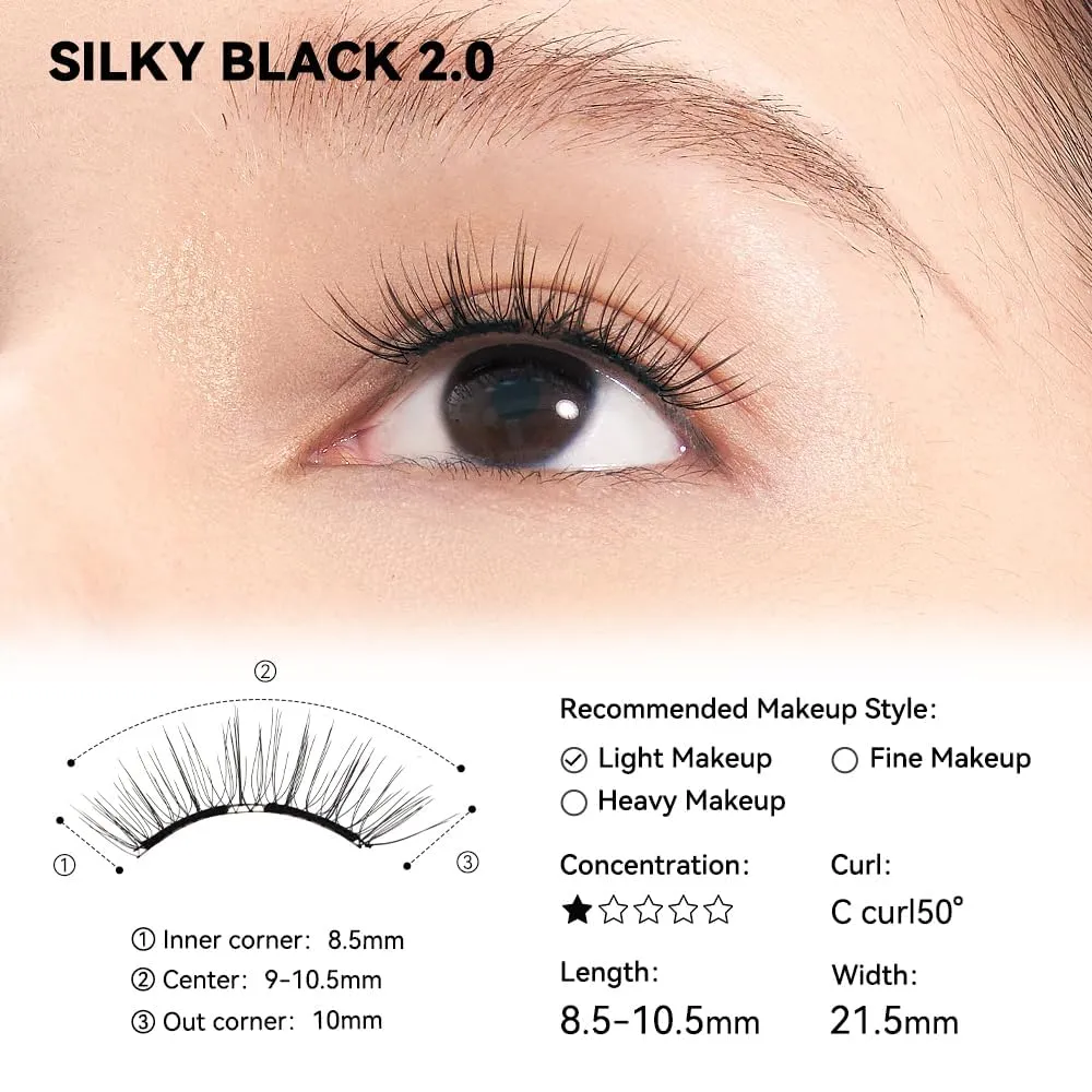 Magnetic Eyelashes with Applicator Kit, No.1 Silky Black II, Reusable Magnetic Lashes without Eyeliner, Glue-free False Lashes, Waterproof, Lightweight, Suit for Natural Makeup