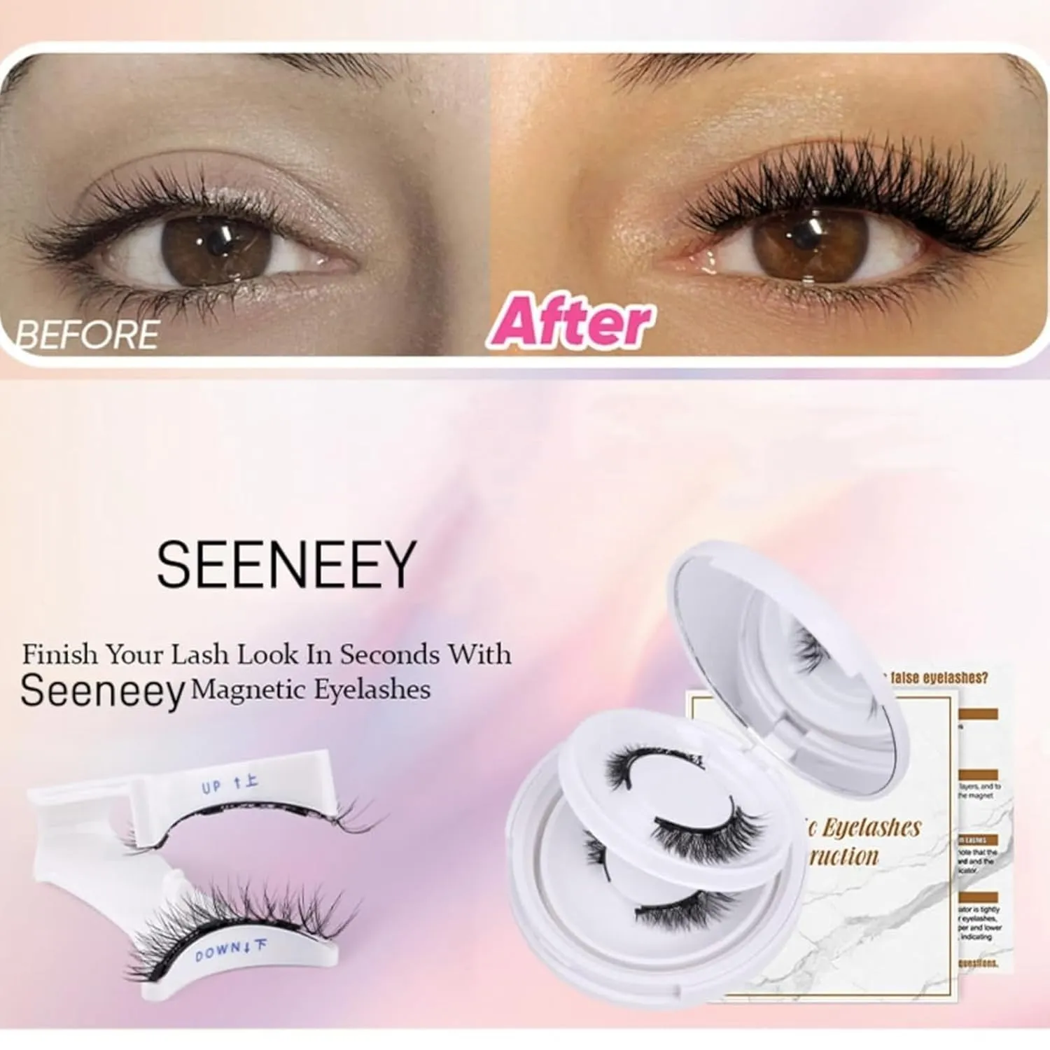 Magnetic Eyelashes with Applicator, Magnetic False Eyelashes Natural Look No Glue Needed Lashes Kit Easy to Remove 2 Pairs 1style, D04