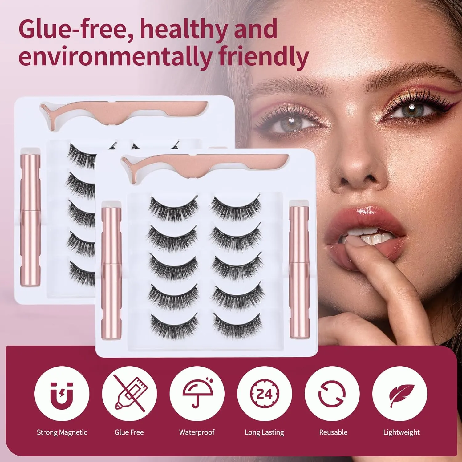 Magnetic eyelashes with eyeliner (5 pairs), is simple and convenient to wear, can be reused, glue-free, and can be used longer with 2 eyeliners (natural styles)