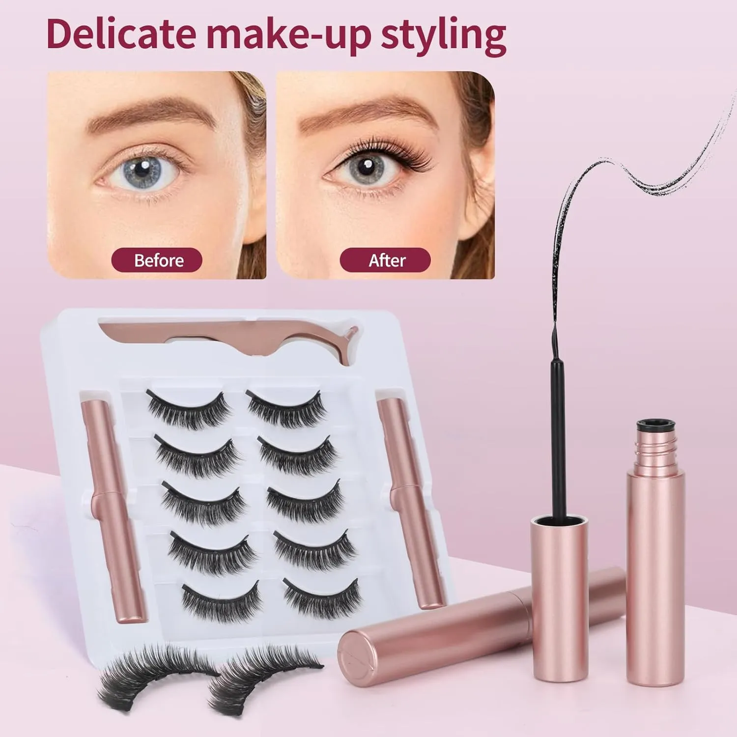 Magnetic eyelashes with eyeliner (5 pairs), is simple and convenient to wear, can be reused, glue-free, and can be used longer with 2 eyeliners (natural styles)