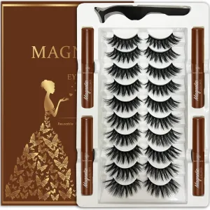 Magnetic Eyelashes with Eyeliner, Cat-Eye Magnetic Lashes Kit with Applicator,Most Natural Looking,Reusable Fake Eye Lash, 4 brown Strongest Waterproof Liquid Liner,