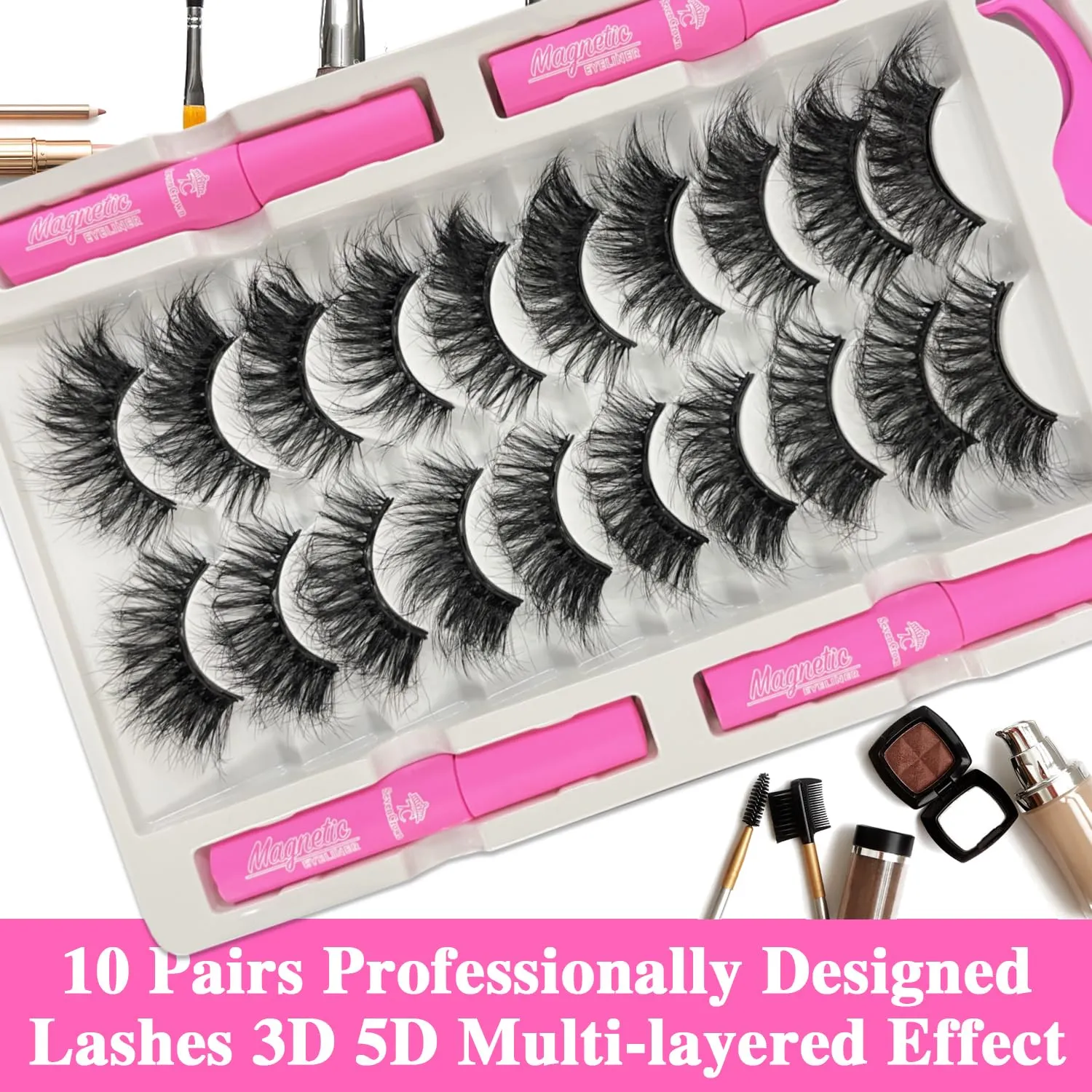 Magnetic Eyelashes with Eyeliner Kit, Fluffy Mink Lashes Cat-Eye Look 18-21MM Wispy Long 8D Luxury Volume Fake Eyelash 10 Pairs Cruelty-Free&Vegan