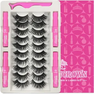Magnetic Eyelashes with Eyeliner Kit, Fluffy Mink Lashes Cat-Eye Look 18-21MM Wispy Long 8D Luxury Volume Fake Eyelash 10 Pairs Cruelty-Free&Vegan