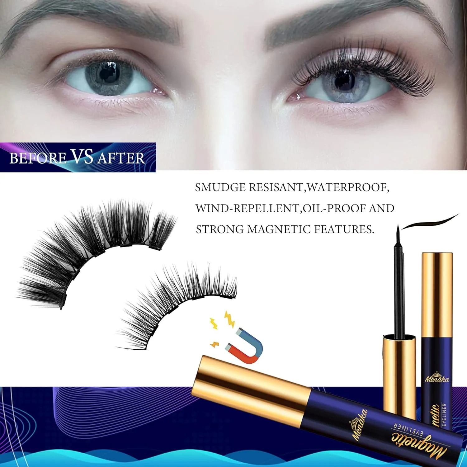 Magnetic Eyelashes with Eyeliner Kit, Magnetic Lashes and Eyeliner Kit with Applicator, Updated Most Natural Look,Strongest Hold,Waterproof, 10 Pairs Reusable False Lashes Easy to Use.