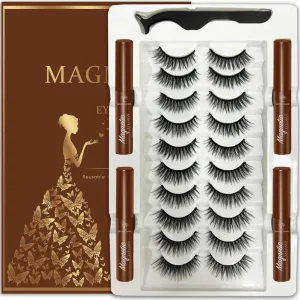 Magnetic Eyelashes with Eyeliner Kit - Magnetic Lashes Natural Looking,Upgraded Long Lasting,10 Pairs 3D Reusable 5 Magnet False Eyelashes with Applicator Easy to Apply 4 Brown liner
