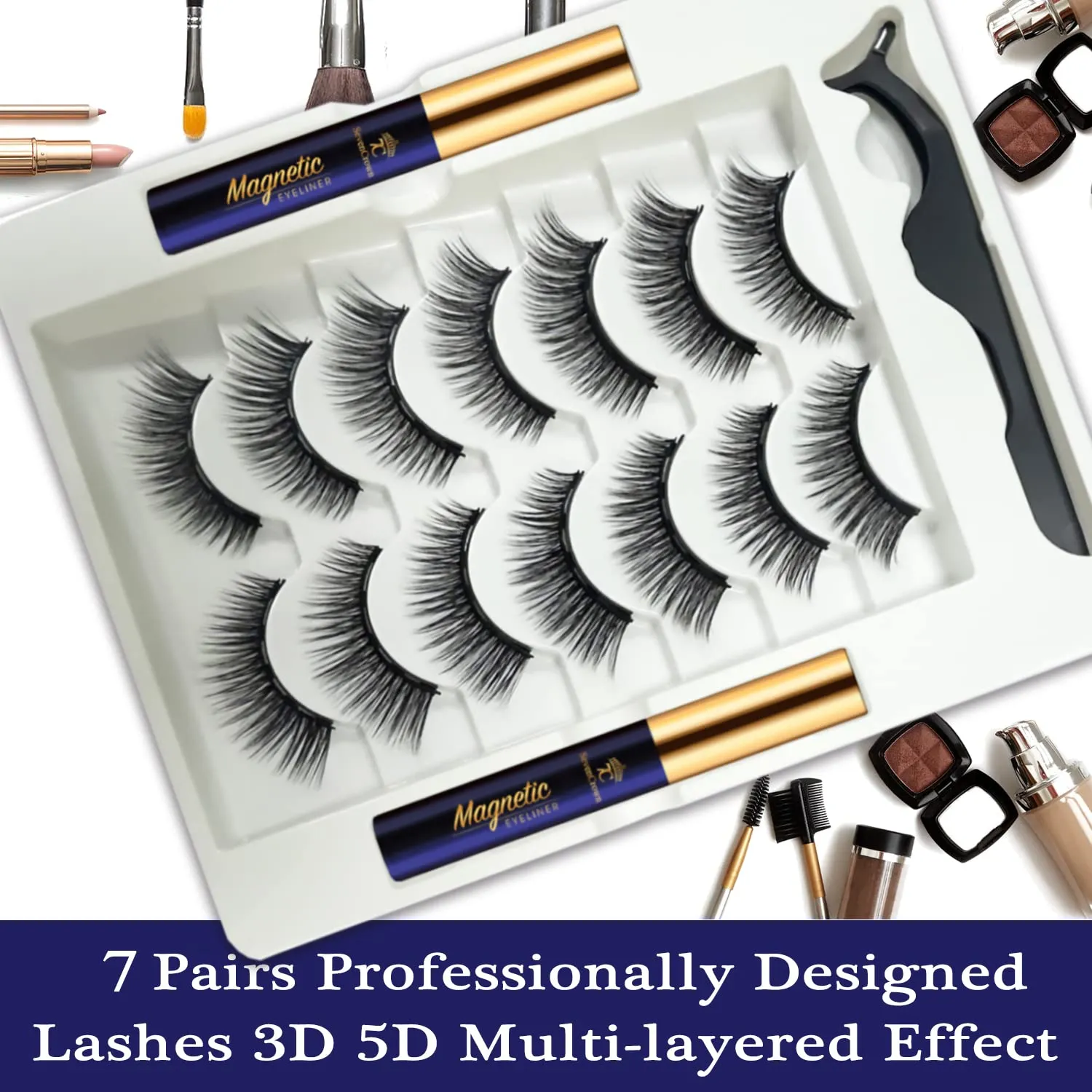 Magnetic Eyelashes with Eyeliner Kit - Wispy Cat Eye Magnetic Lashes Natural Looking,Upgraded Long Lasting,7 Pairs 3D Reusable 5 Magnet False Eyelashes with Applicator, Easy to Apply.