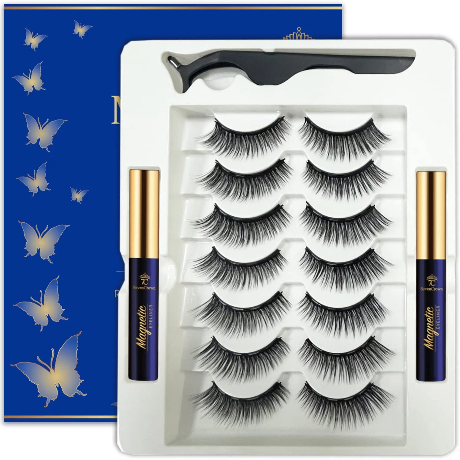 Magnetic Eyelashes with Eyeliner Kit - Wispy Cat Eye Magnetic Lashes Natural Looking,Upgraded Long Lasting,7 Pairs 3D Reusable 5 Magnet False Eyelashes with Applicator, Easy to Apply.
