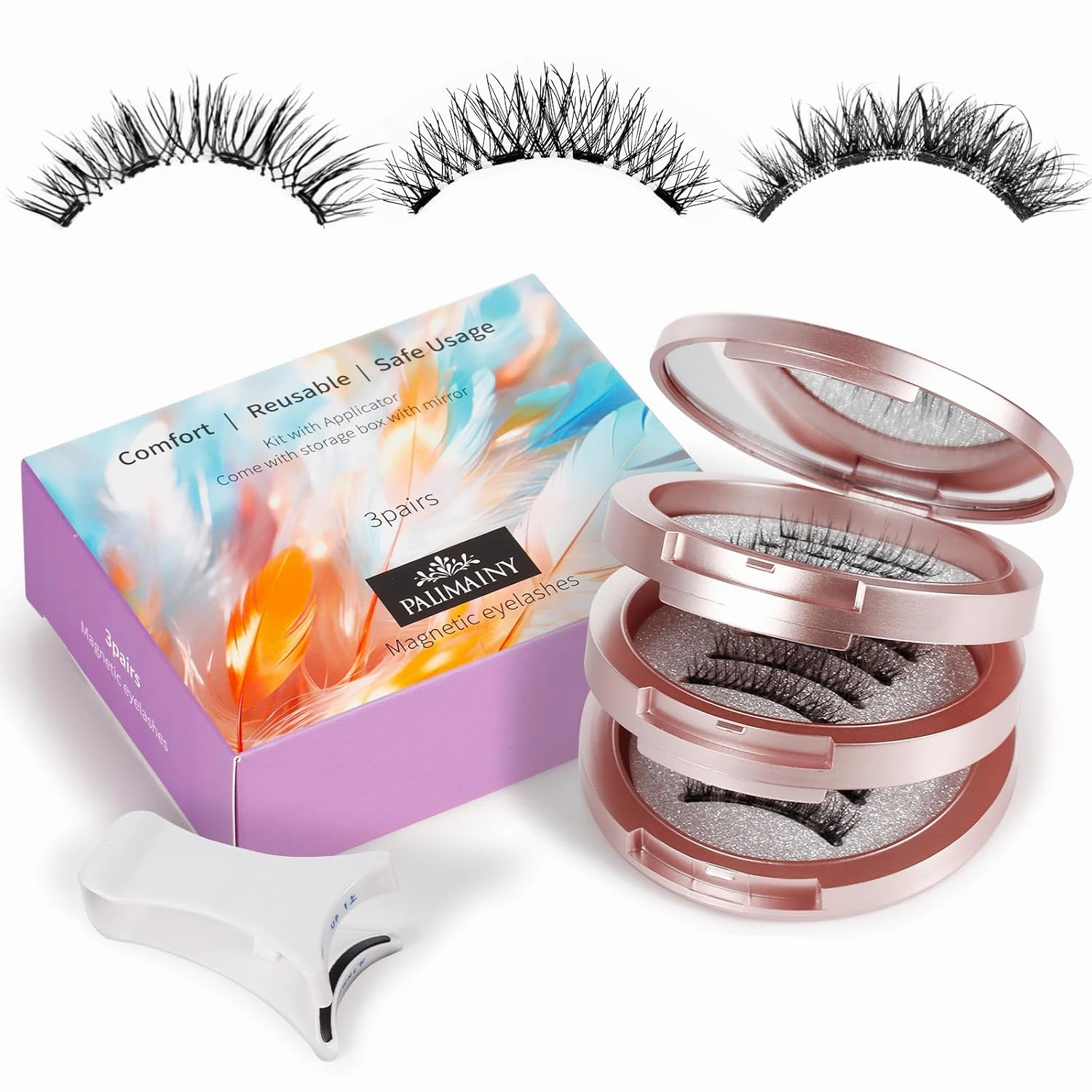 Magnetic eyelashes,3pairs,3styles,natural look,wispy,fluffy,magnetic eyelashes with applicator,No glue needed,Reusable,Waterproof,Easy to apply