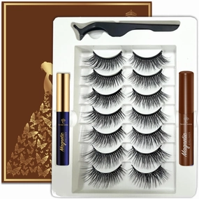 Magnetic Eyelashes, 7 Pairs Reusable Cat-eye Wispy Magnetic Lashes with 2 Tuble Magnetic Eyeliner（1 black 1brown) Vegan & Cruelty Free