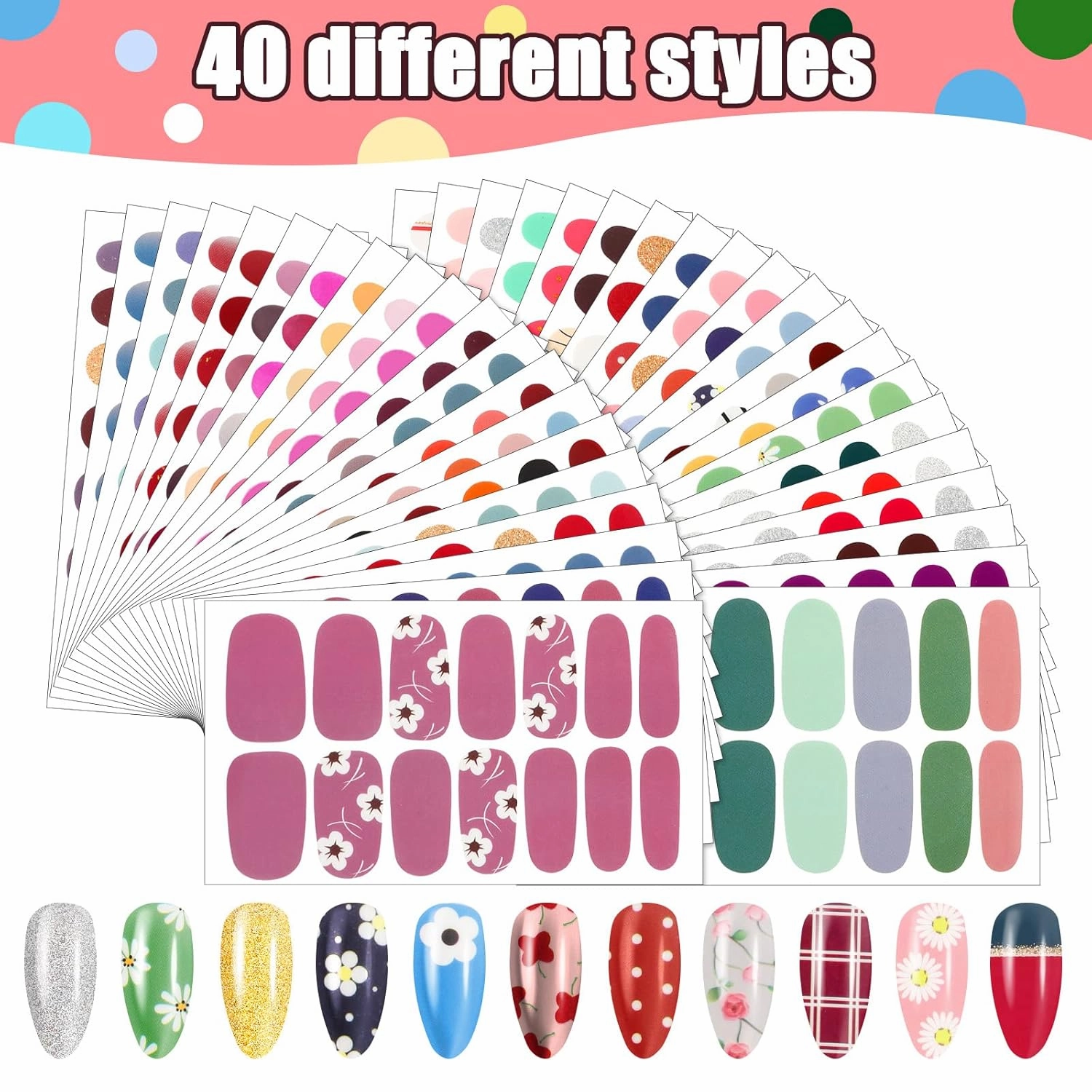 Maitys 560 Pieces 40 Sheets Full Wrap Nail Stickers Nail Polish Strips Decals Self Adhesive Gel Fingernail Strips Art Decals with File for Women DIY Craft Decorations(Flower Style)