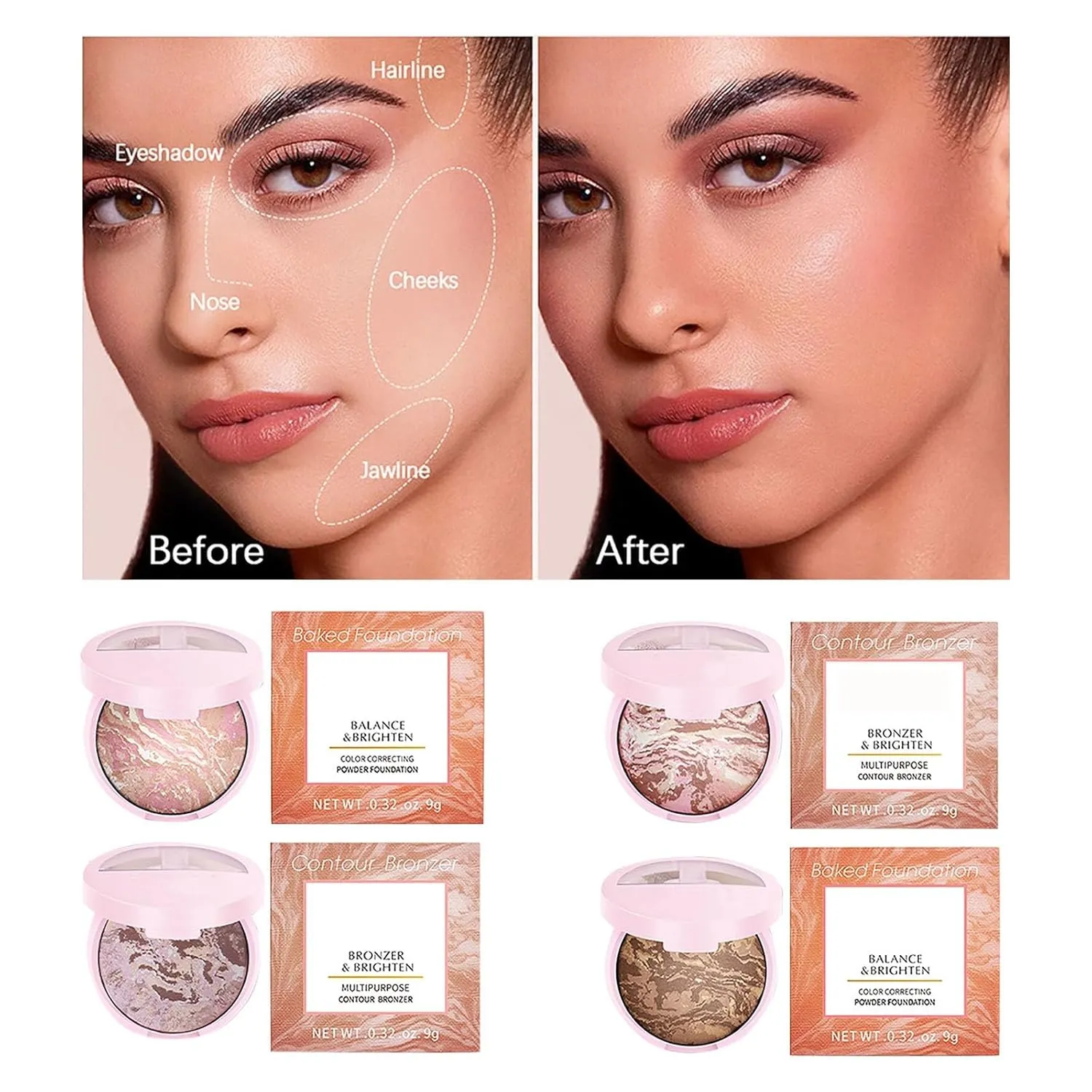 Makeup Base Foundation, Baking Powder Repair Powder Repair With Pearl, Light Buildable Light to Medium Coverage, Demi-Matte Natural Brighten Face Powder Makeup & Setting Powder (4 colour, 0.32oz)