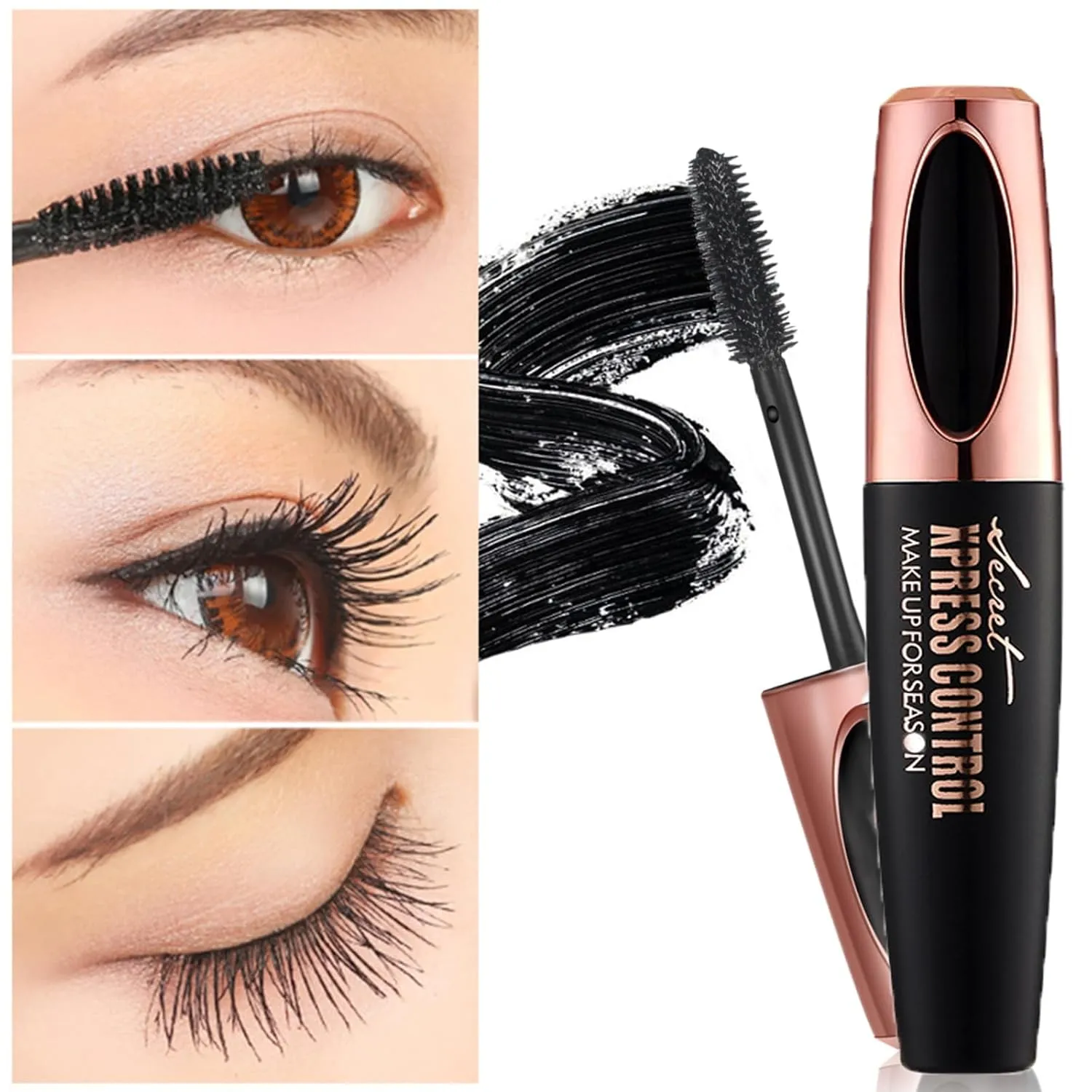 Makeup Lash Mascara,Mascara Volume and Length Waterproof,Black Silk Fiber Cosmetic Mascara,Volumizing, Curls,No Clumping,Smudge Proof and Lengthen Eyelashes,Lasting All Day (Black, 3PCS)