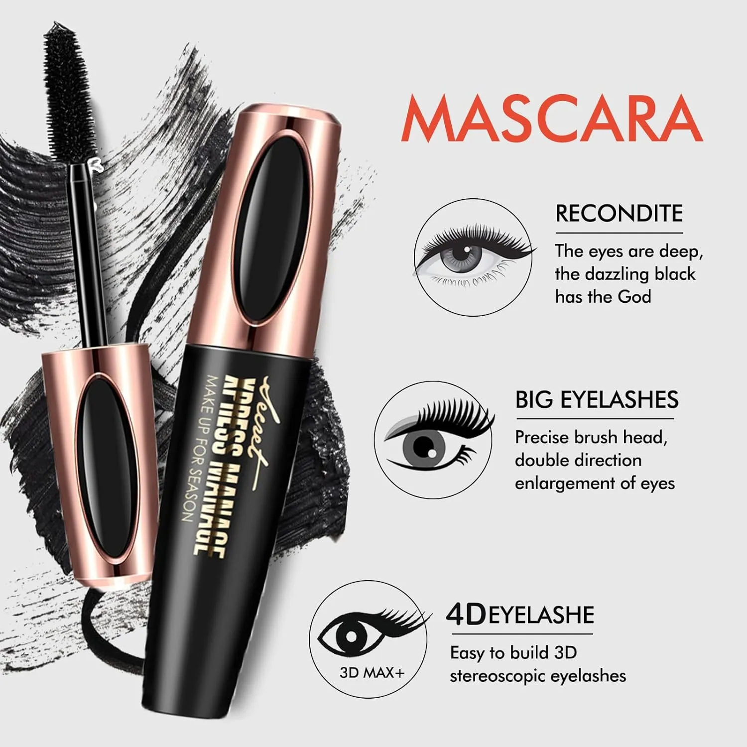 Makeup Lash Mascara,Mascara Volume and Length Waterproof,Black Silk Fiber Cosmetic Mascara,Volumizing, Curls,No Clumping,Smudge Proof and Lengthen Eyelashes,Lasting All Day (Black, 3PCS)