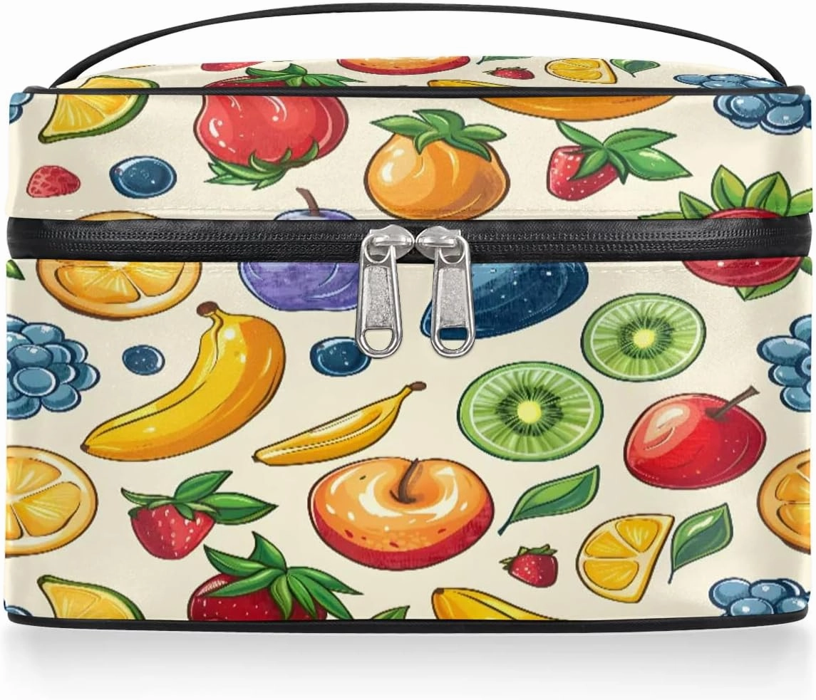 Makeup Bag Large Fruits Strawberry Banana Toiletry Bag for Women Travel Cosmetic Bag Portable Makeup Bag for Bottles Brushes Lipstick Skin Care