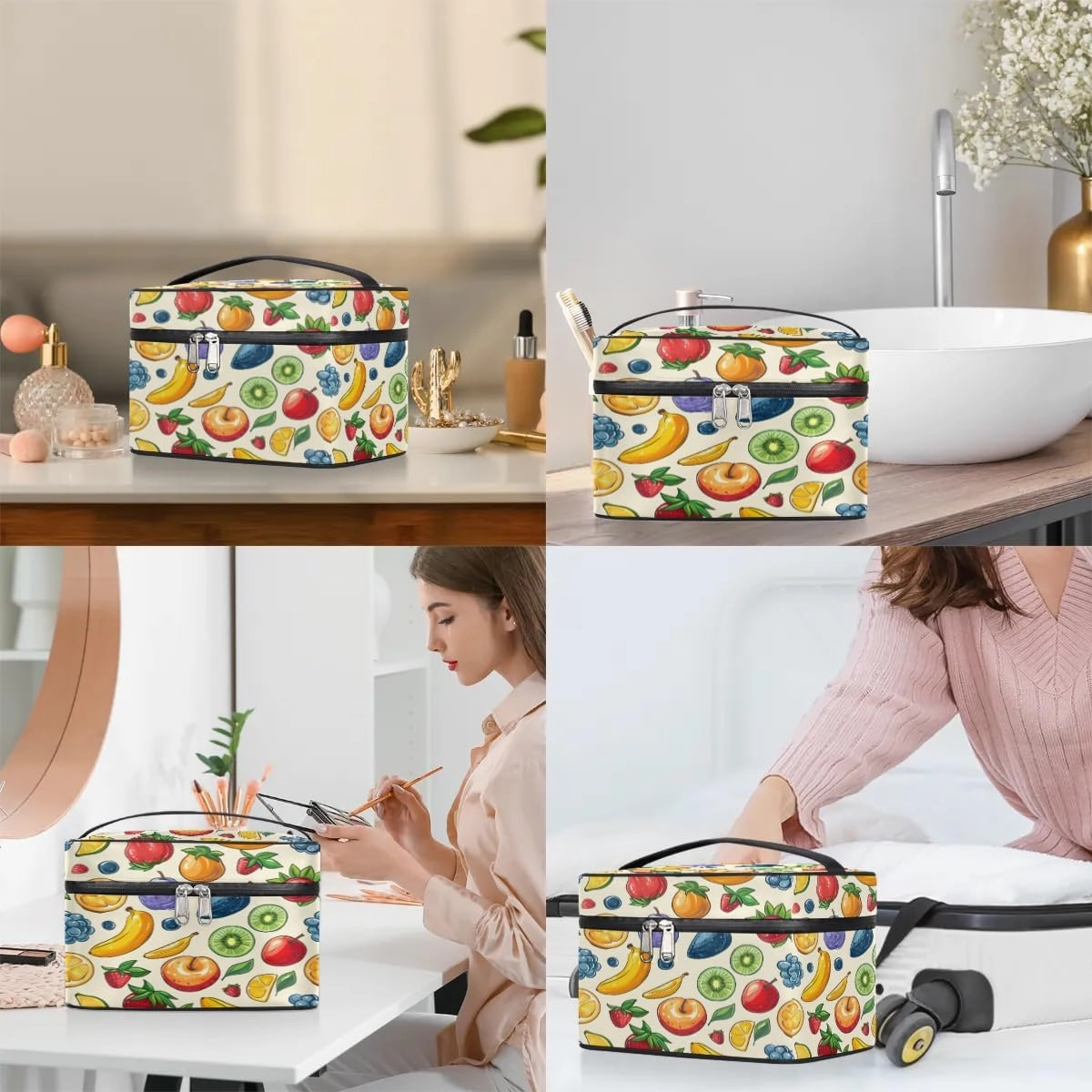 Makeup Bag Large Fruits Strawberry Banana Toiletry Bag for Women Travel Cosmetic Bag Portable Makeup Bag for Bottles Brushes Lipstick Skin Care