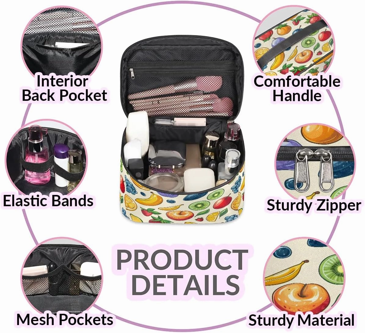 Makeup Bag Large Fruits Strawberry Banana Toiletry Bag for Women Travel Cosmetic Bag Portable Makeup Bag for Bottles Brushes Lipstick Skin Care