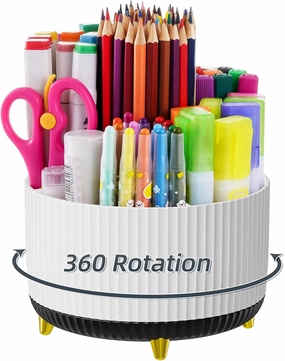 Marbrasse Desk Organizer, 360-Degree Rotating Pen Holder, Desk Organizers and Accessories with 5 Compartments Pencil Holder, Art Supply Storage Box Caddy for Office, Home (White Black)