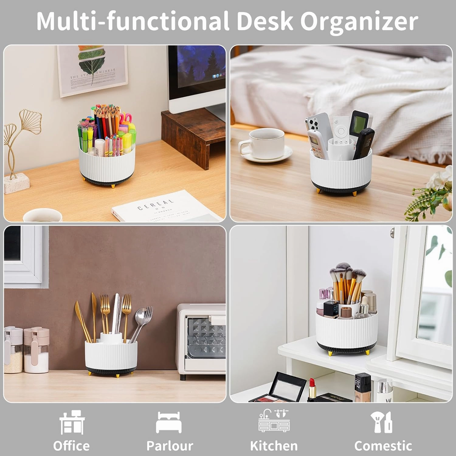Marbrasse Desk Organizer, 360-Degree Rotating Pen Holder, Desk Organizers and Accessories with 5 Compartments Pencil Holder, Art Supply Storage Box Caddy for Office, Home (White Black)