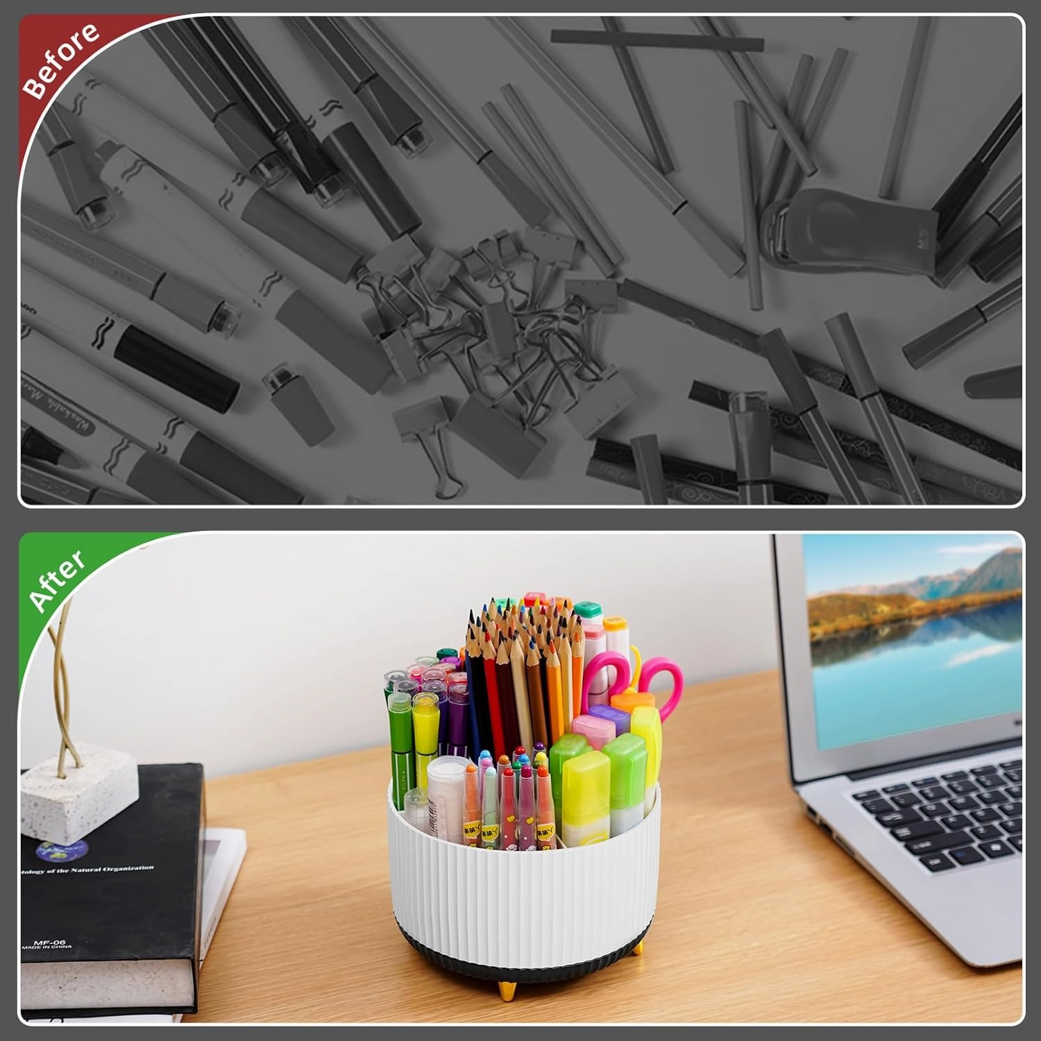 Marbrasse Desk Organizer, 360-Degree Rotating Pen Holder, Desk Organizers and Accessories with 5 Compartments Pencil Holder, Art Supply Storage Box Caddy for Office, Home (White Black)