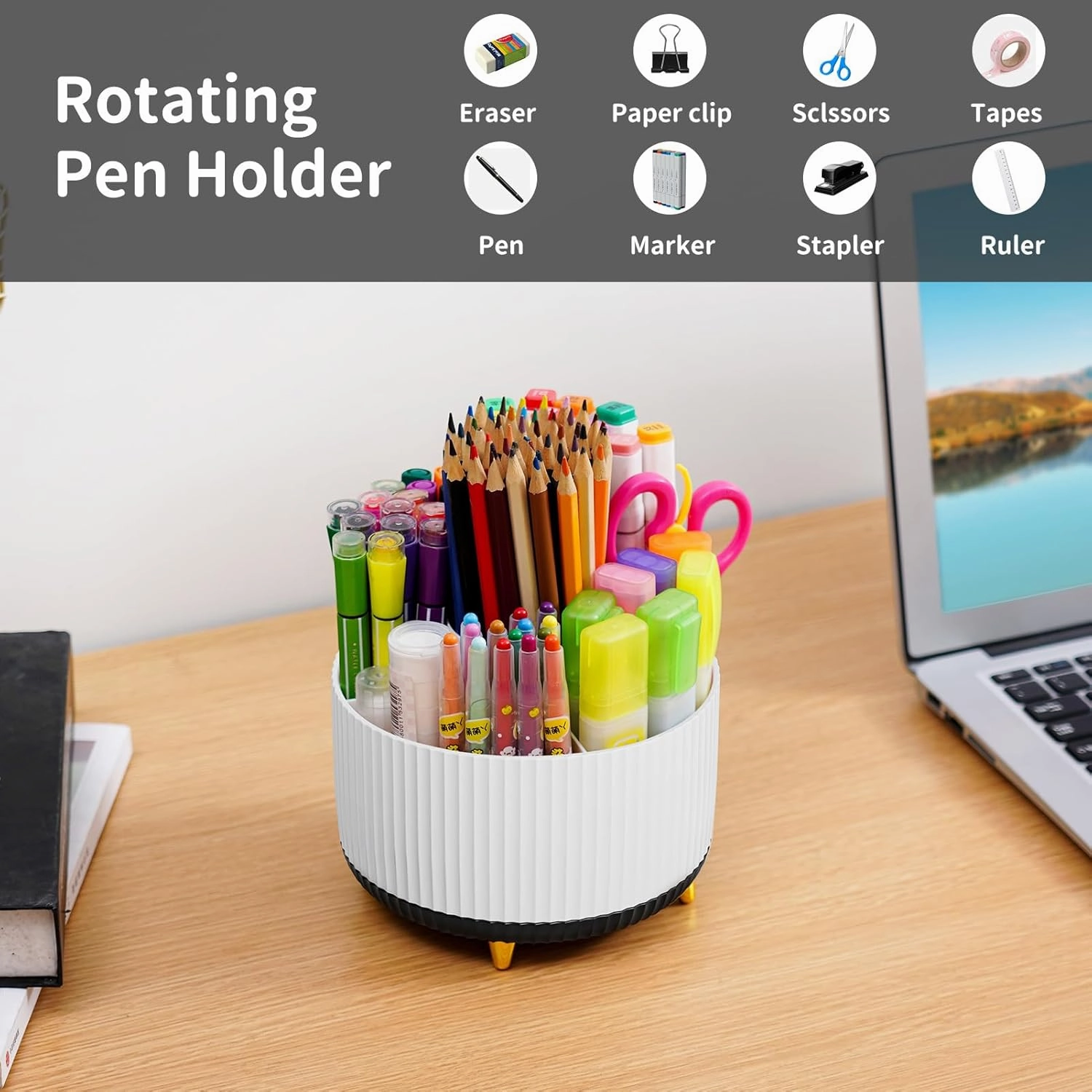 Marbrasse Desk Organizer, 360-Degree Rotating Pen Holder, Desk Organizers and Accessories with 5 Compartments Pencil Holder, Art Supply Storage Box Caddy for Office, Home (White Black)
