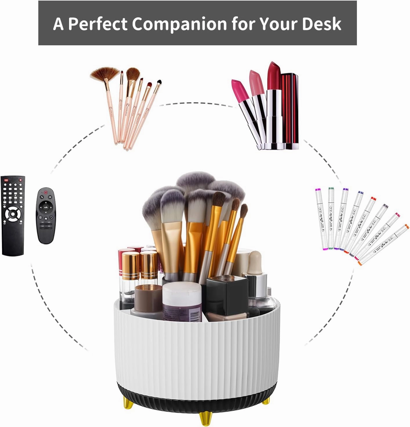 Marbrasse Desk Organizer, 360-Degree Rotating Pen Holder, Desk Organizers and Accessories with 5 Compartments Pencil Holder, Art Supply Storage Box Caddy for Office, Home (White Black)