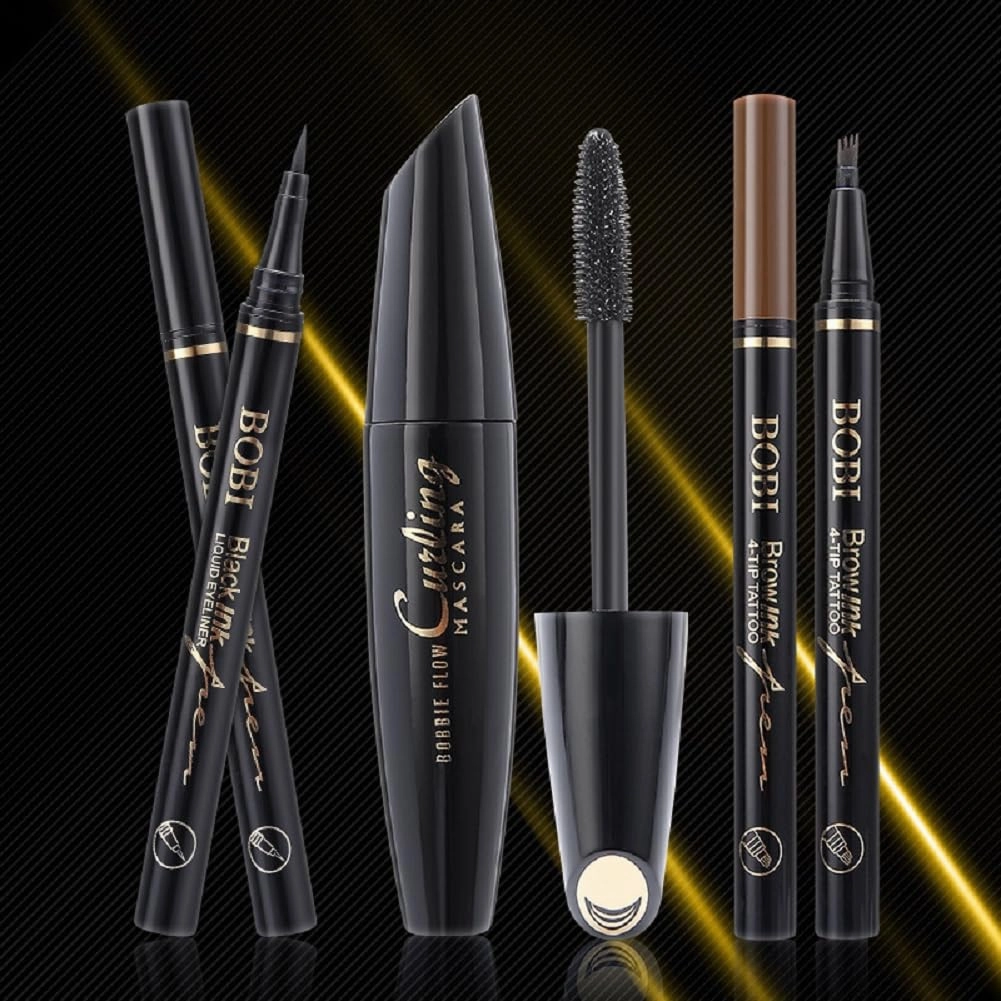 Mascara Eyeliner Four-pronged eyebrow pencil 3 in 1 Set Waterproof Long Lasting Volumizing Curling Mascara for Women (Eyeliner   Mascara   grey brown Eyebrow pencil)