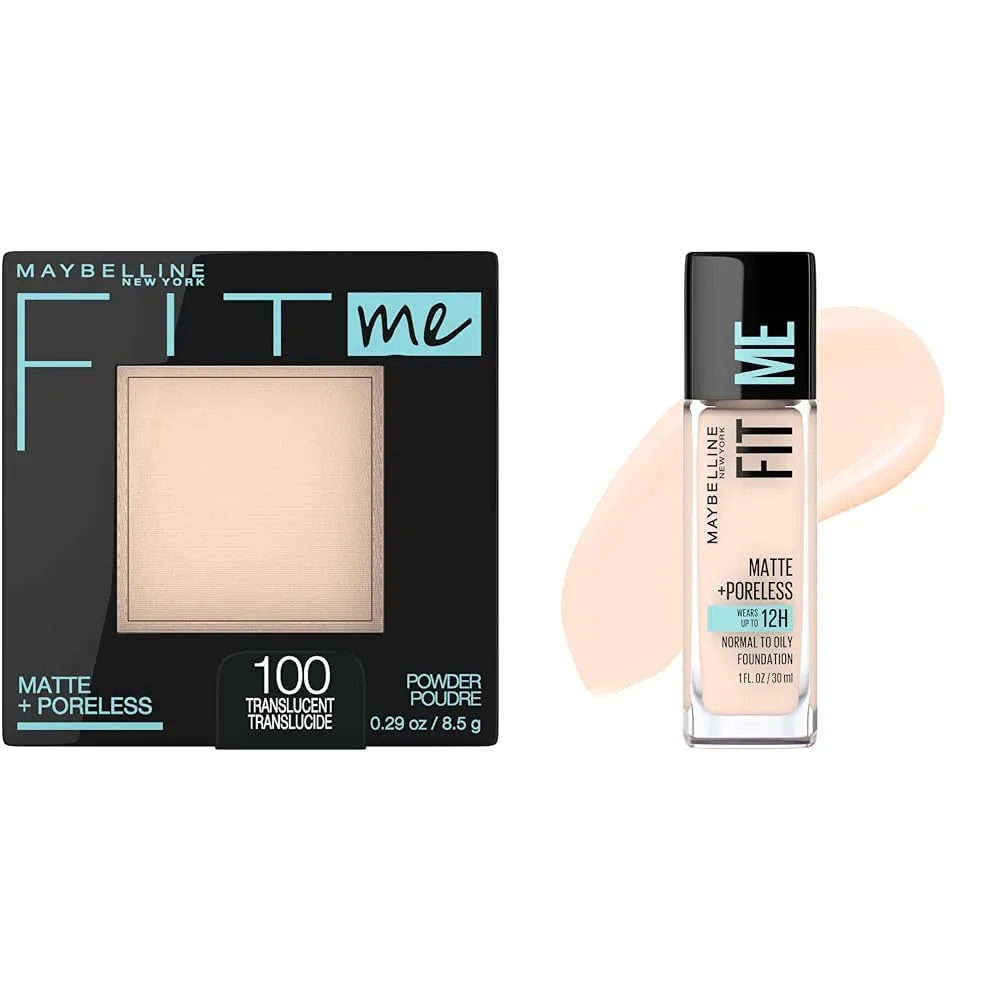 Maybelline Fit Me Matte   Poreless Pressed Powder, Translucent, 1 Count & Liquid Foundation Makeup, Fair Porcelain, 1 Count Bundle