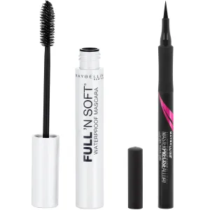 Maybelline Full 'N Soft Waterproof Mascara   Eyestudio Master Precise All Day Waterproof Liquid Eyeliner Makeup Bundle, Includes 1 Mascara in Very Black and 1 Eyeliner in Black