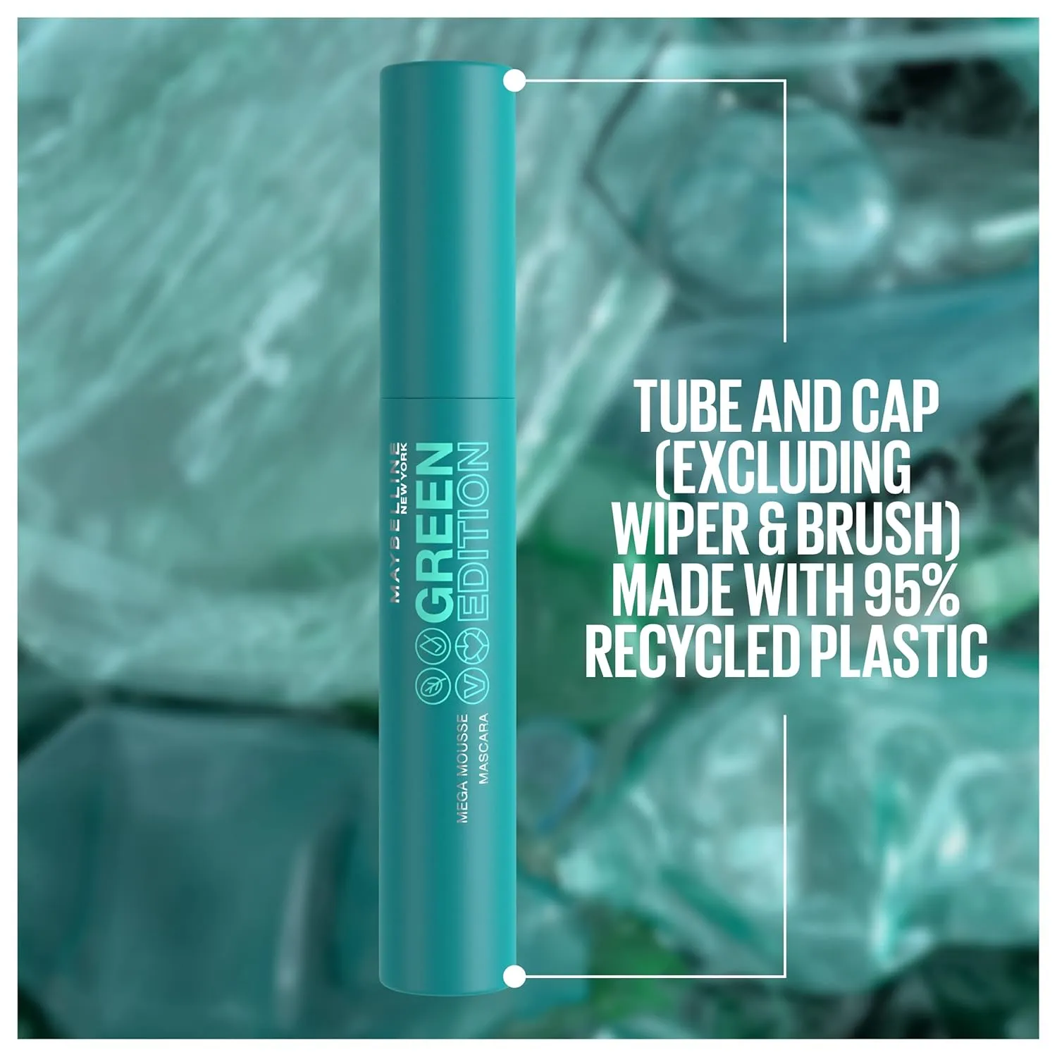 Maybelline Green Edition Mega Mousse Mascara Makeup, Smooth Buildable and Lightweight Volume, Formulated with Shea Butter, Blackest Black, 1 Count