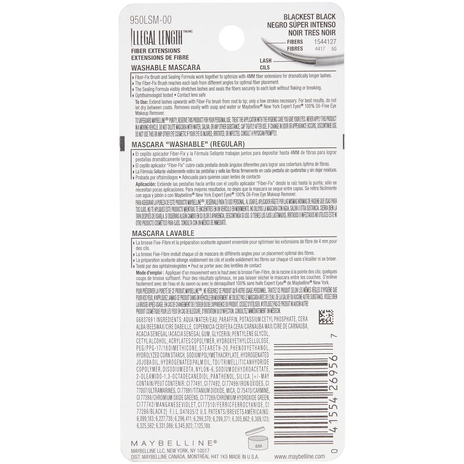 Maybelline Illegal Length Fiber Extensions Washable Mascara, Instant Lashes, No Flaking, Blackest Black, 1 Count (Pack of 2)