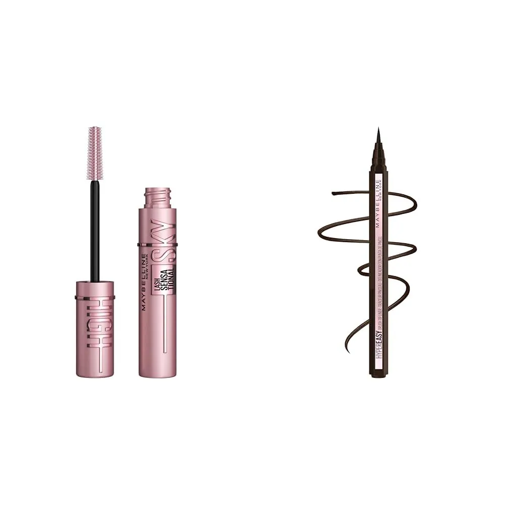 Maybelline Lash Sensational Sky High Washable Mascara Makeup & New York Hyper Easy Liquid Pen No-Skip Waterproof Eyeliner, Satin Finish, Pitch Brown