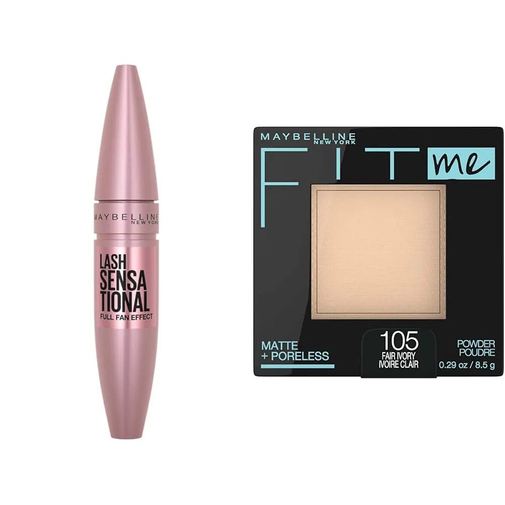 Maybelline Lash Sensational Washable Mascara, Lengthening and Volumizing for a Full Fan Effect & Fit Me Matte   Poreless Pressed Face Powder Makeup & Setting Powder, Fair Ivory, 1 Count