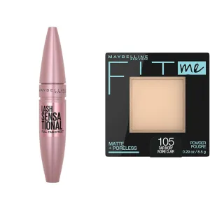 Maybelline Lash Sensational Washable Mascara, Lengthening and Volumizing for a Full Fan Effect & Fit Me Matte   Poreless Pressed Face Powder Makeup & Setting Powder, Fair Ivory, 1 Count