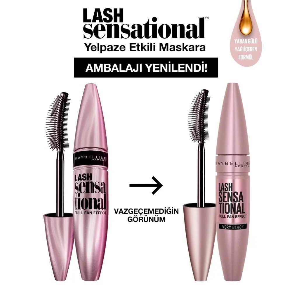 Maybelline Lash Sensational Washable Mascara, Lengthening and Volumizing for a Full Fan Effect, Very Black, 1 Count (Pack of 2)