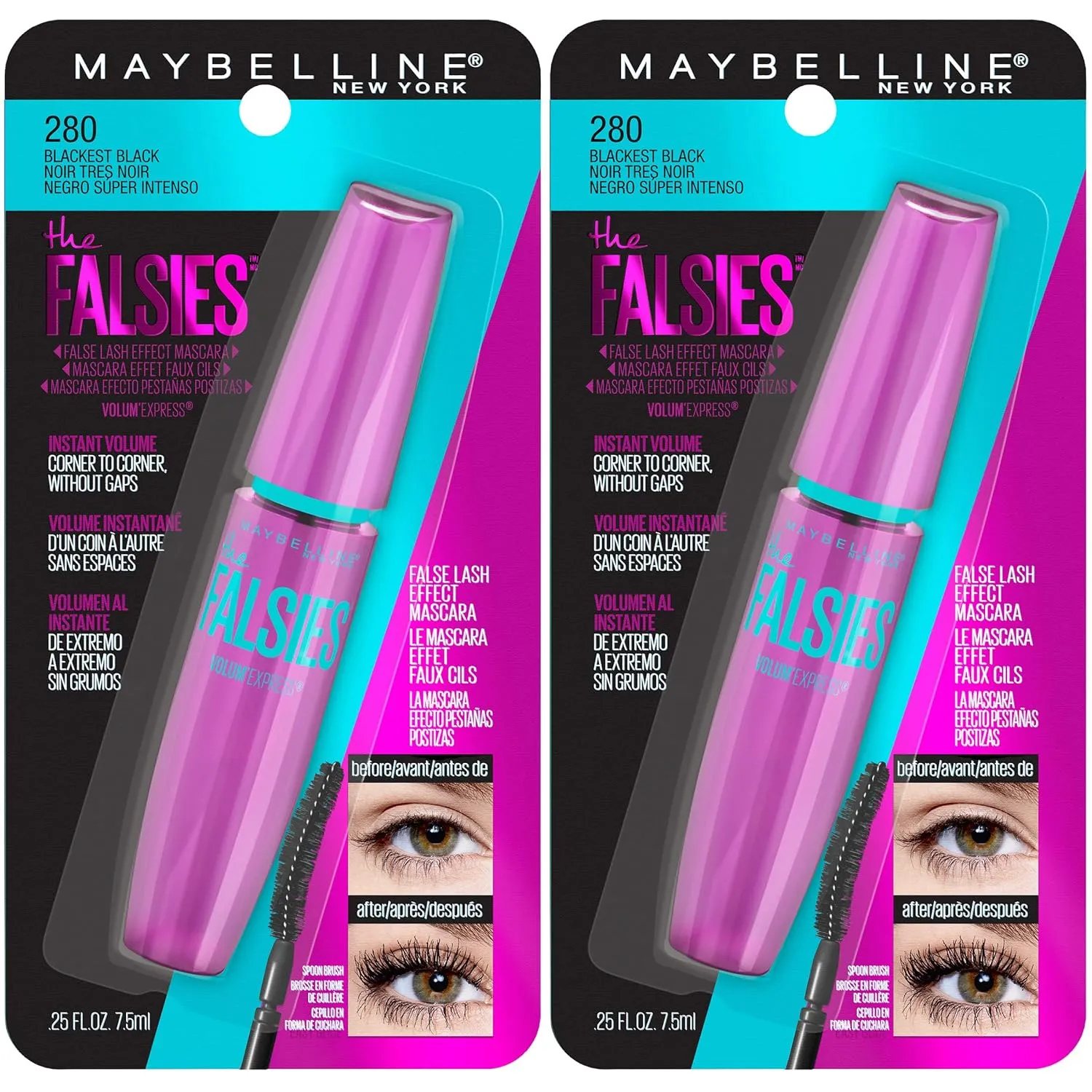 Maybelline Volum' Express Falsies Volumizing, Washable Mascara, Blackest Black, 2 Count