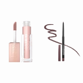 MAYBELLINE Lifter Gloss, Hydrating Lip Gloss with Hyaluronic Acid, Ice, Pink Neutral, 0.18 Ounce & Color Sensational Shaping Lip Liner with Self-Sharpening Tip, Gone Griege, Nude, 1 Count
