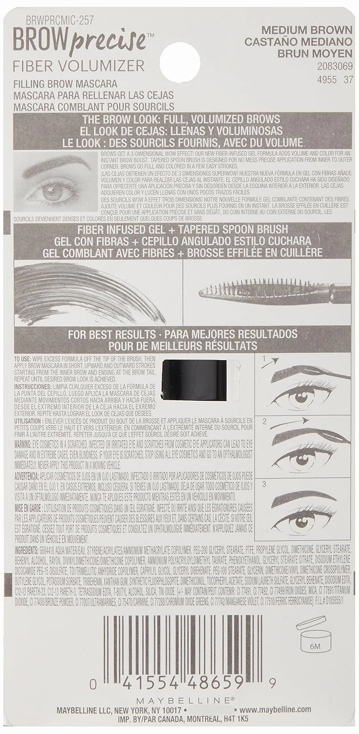 Maybelline New York Brow Precise Fiber Volumizer Eyebrow Mascara, Medium Brown, 0.27 fl. oz.