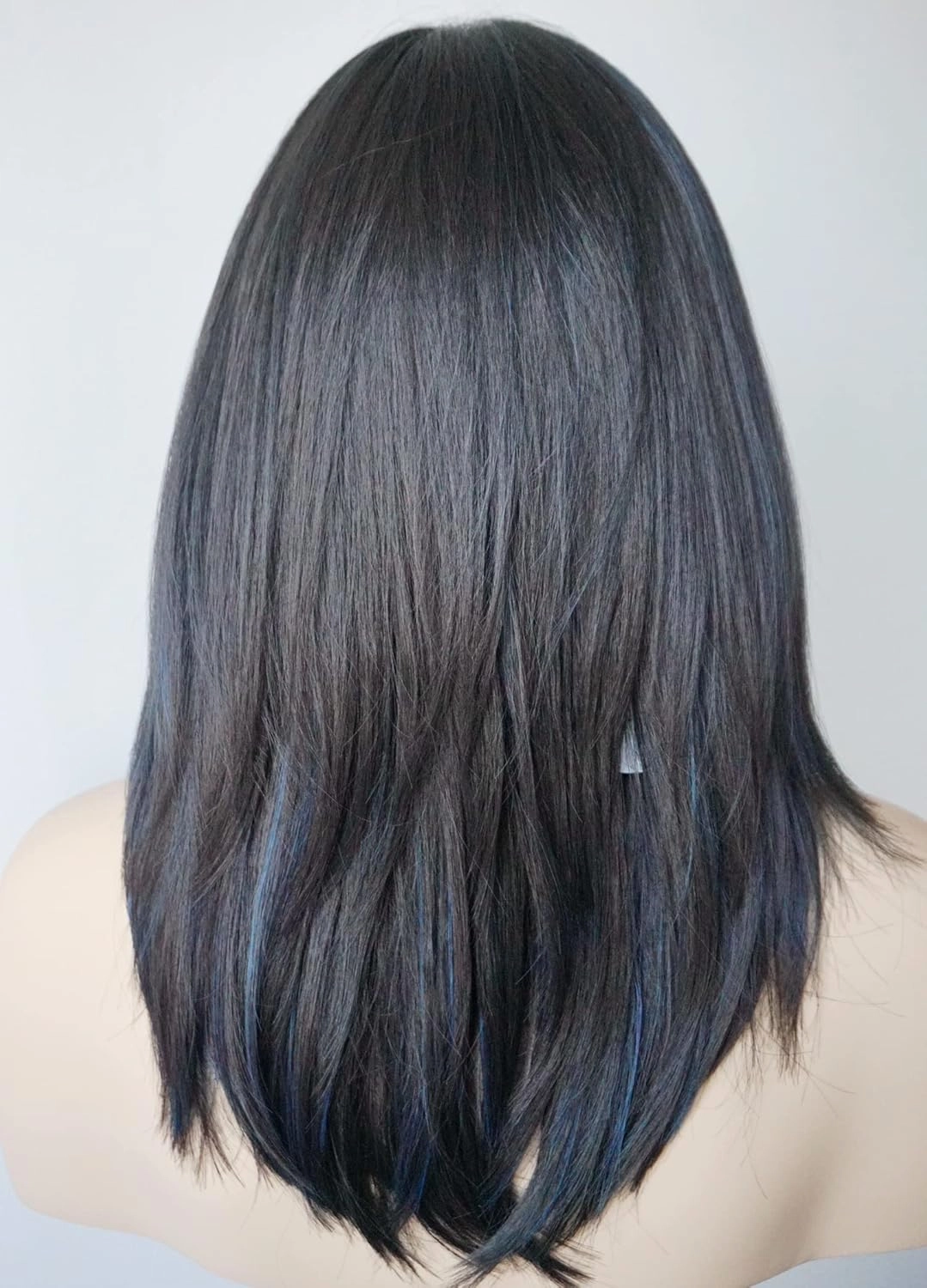 Medium Length Layered Wigs Black with Blue Highlight wigs Layered wig with bangs Synthetic wig for white Women (Black blue mixed)