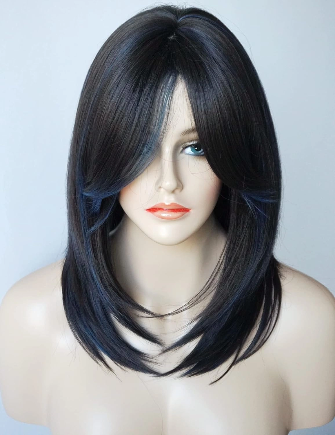 Medium Length Layered Wigs Black with Blue Highlight wigs Layered wig with bangs Synthetic wig for white Women (Black blue mixed)