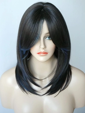 Medium Length Layered Wigs Black with Blue Highlight wigs Layered wig with bangs Synthetic wig for white Women (Black blue mixed)