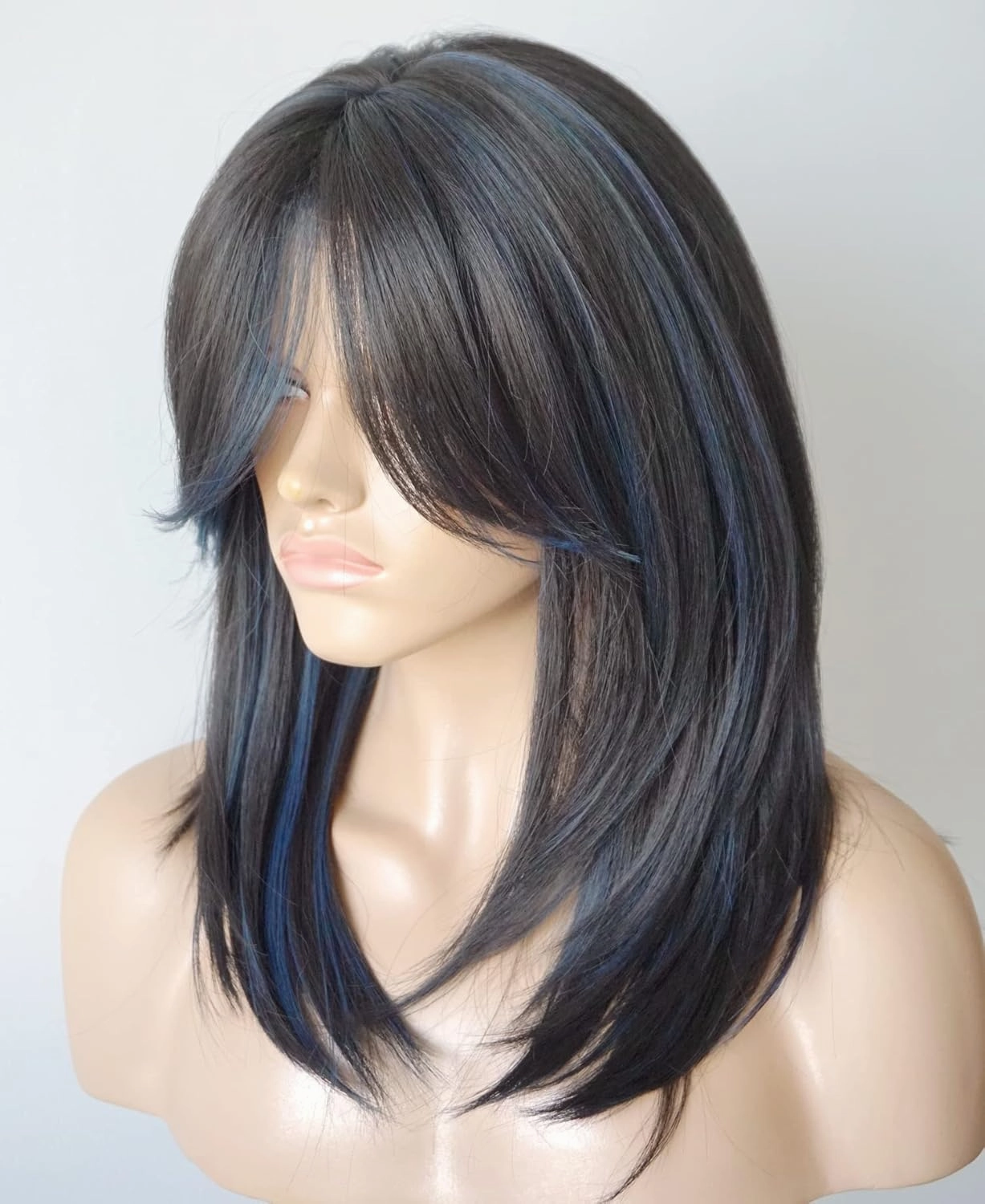 Medium Length Layered Wigs Black with Blue Highlight wigs Layered wig with bangs Synthetic wig for white Women (Black blue mixed)