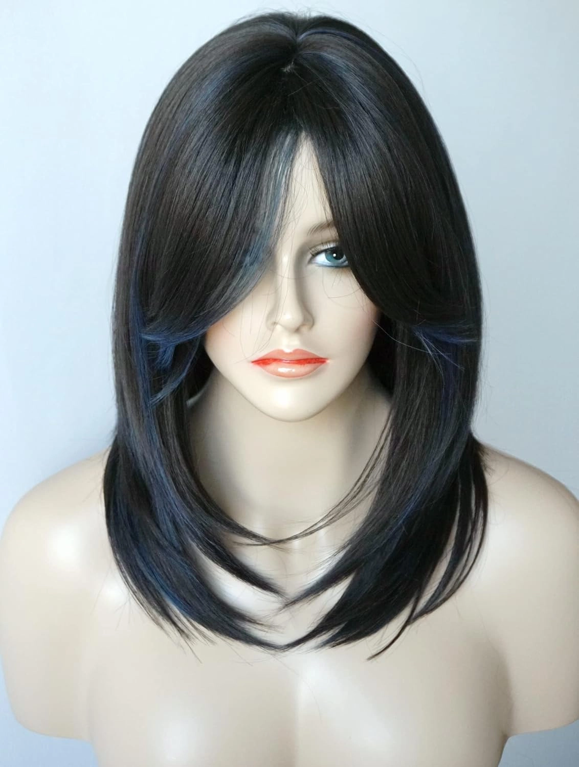 Medium Length Layered Wigs Black with Blue Highlight wigs Layered wig with bangs Synthetic wig for white Women (Black blue mixed)