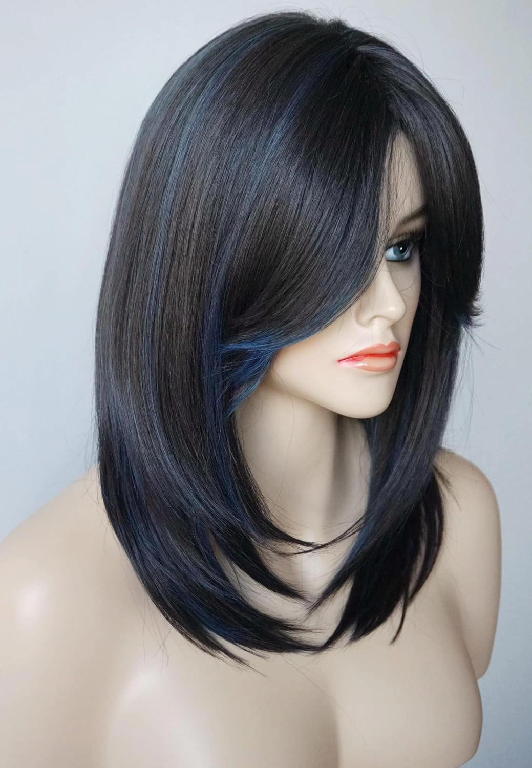 Medium Length Layered Wigs Black with Blue Highlight wigs Layered wig with bangs Synthetic wig for white Women (Black blue mixed)