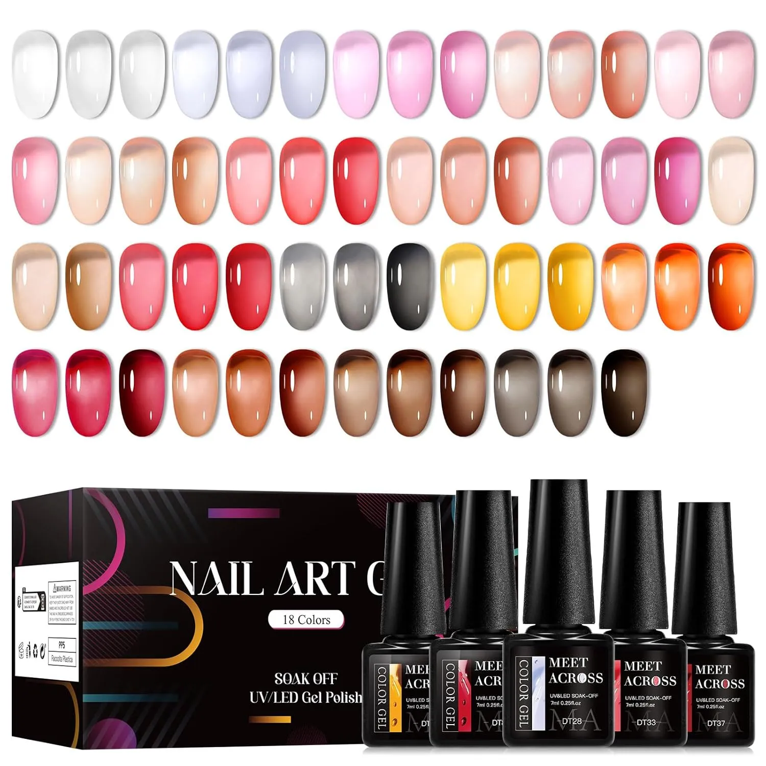 MEET ACROSS Ice Jelly Gel Polish, 18 Colors Sheer Pinkish Red Orange Amber Brown - Soak Off UV Gel Nail Translucent Nail Gel For Nail Beauty Design