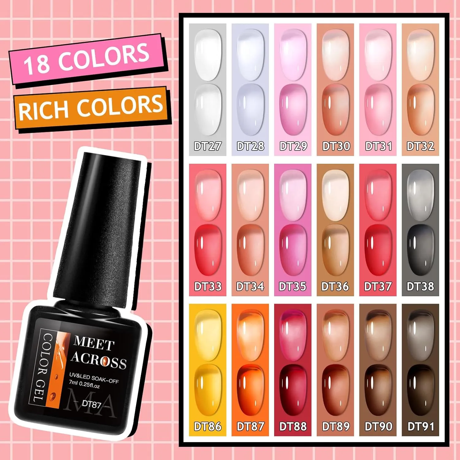 MEET ACROSS Ice Jelly Gel Polish, 18 Colors Sheer Pinkish Red Orange Amber Brown - Soak Off UV Gel Nail Translucent Nail Gel For Nail Beauty Design