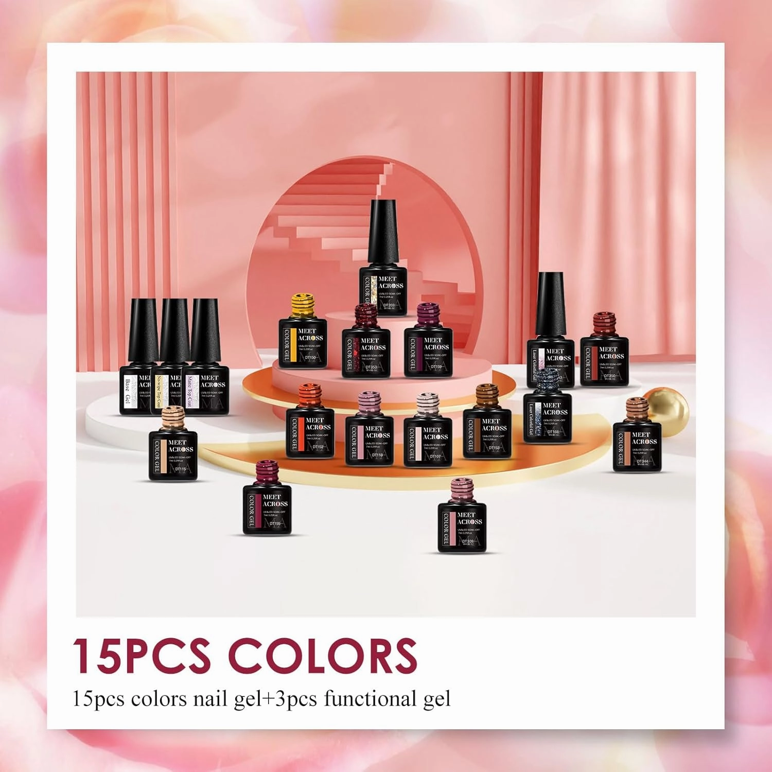 MEET ACROSS 18 PCS Gel Nail Polish Set, 15 Colors Fall Winter Gel Polish with Base Top Coat, Neutral Yellow Brown Soak Off LED Nail Art Kit Salon at Home