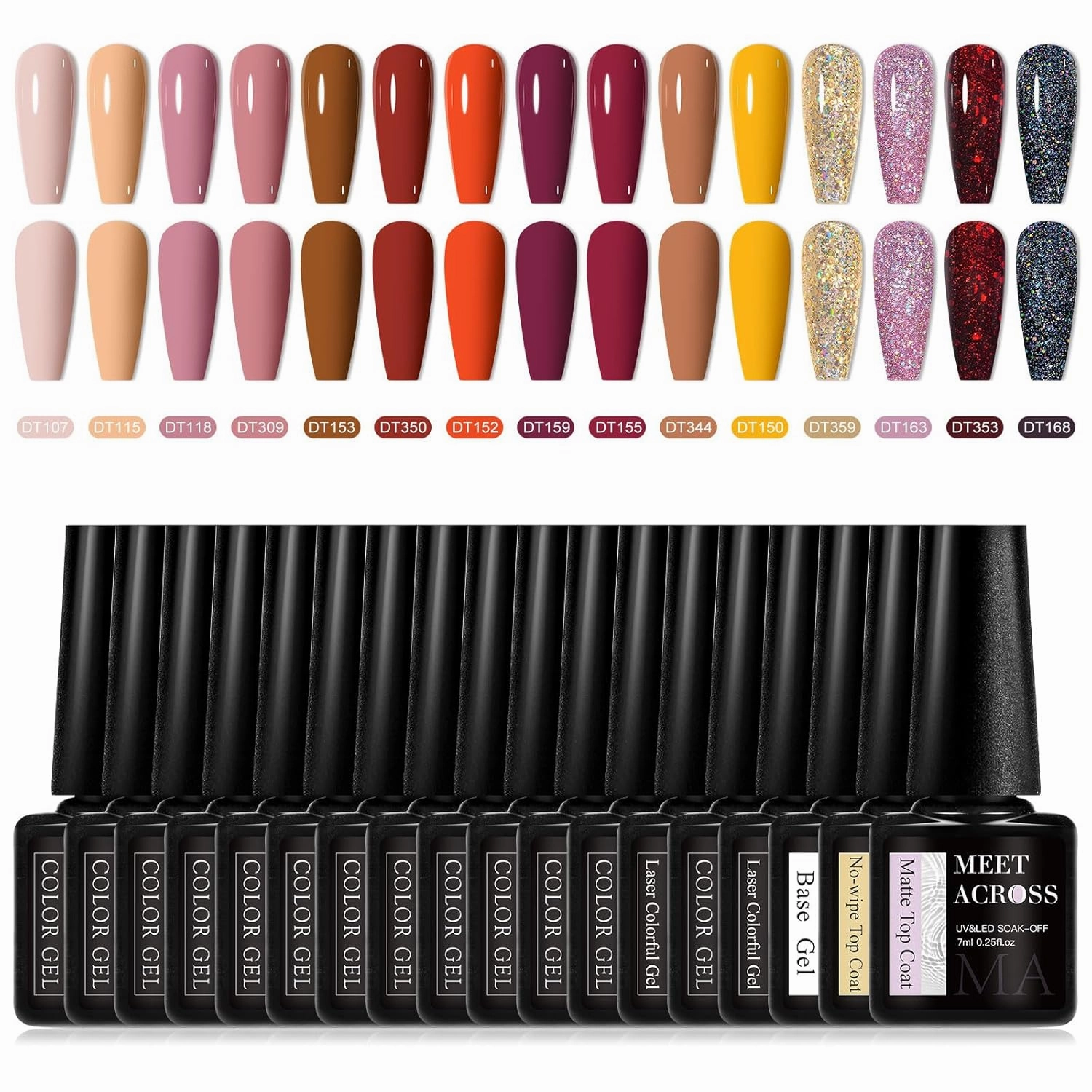 MEET ACROSS 18 PCS Gel Nail Polish Set, 15 Colors Fall Winter Gel Polish with Base Top Coat, Neutral Yellow Brown Soak Off LED Nail Art Kit Salon at Home