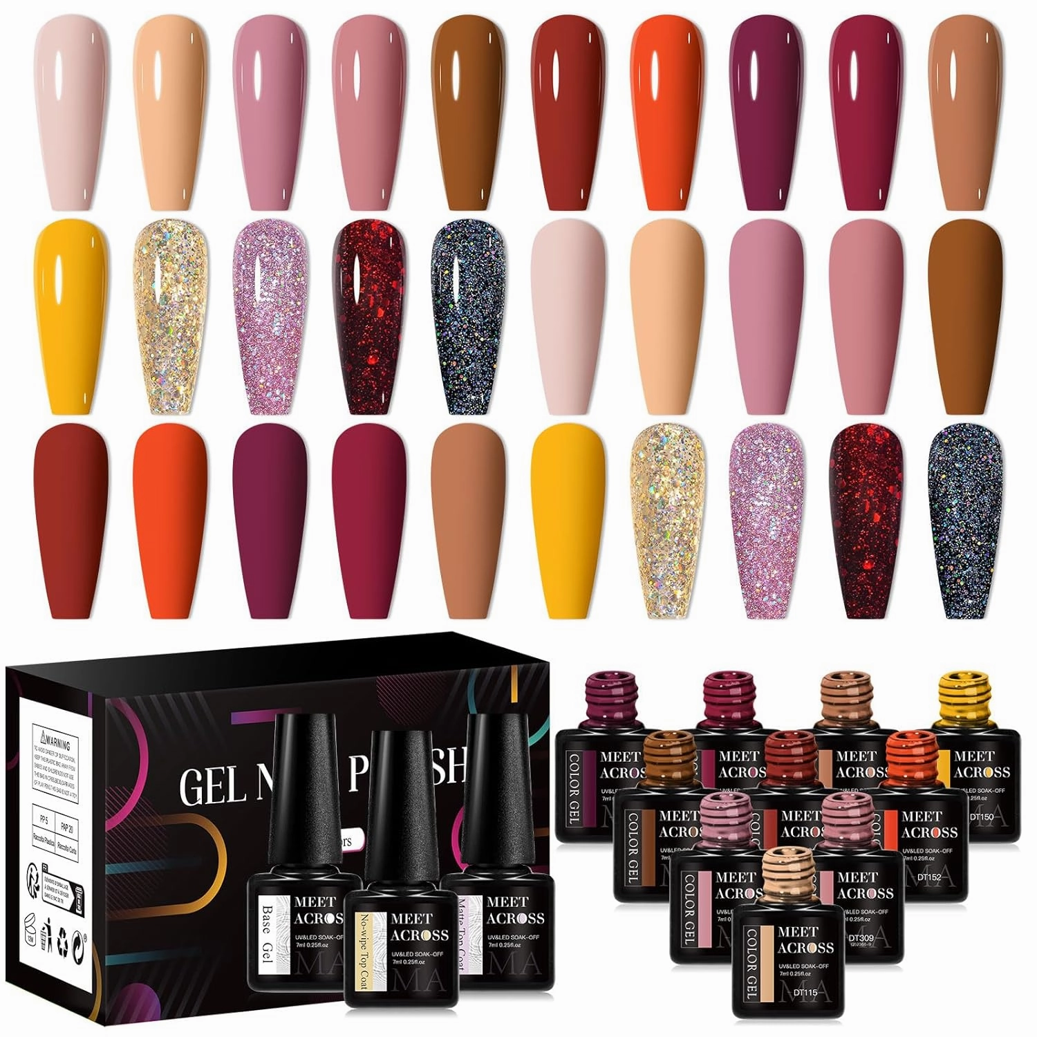 MEET ACROSS 18 PCS Gel Nail Polish Set, 15 Colors Fall Winter Gel Polish with Base Top Coat, Neutral Yellow Brown Soak Off LED Nail Art Kit Salon at Home