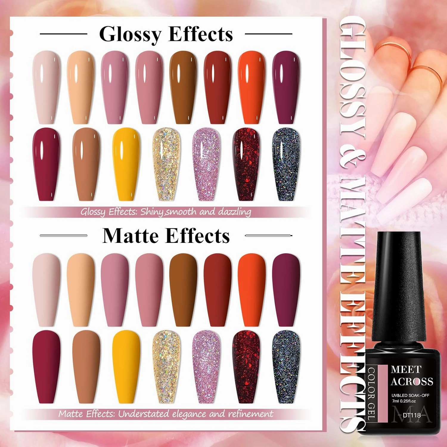 MEET ACROSS 18 PCS Gel Nail Polish Set, 15 Colors Fall Winter Gel Polish with Base Top Coat, Neutral Yellow Brown Soak Off LED Nail Art Kit Salon at Home